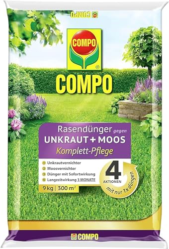 COMPO Rasendünger gegen Unkraut + Moos Komplett-Pflege, Rasendünger mit...